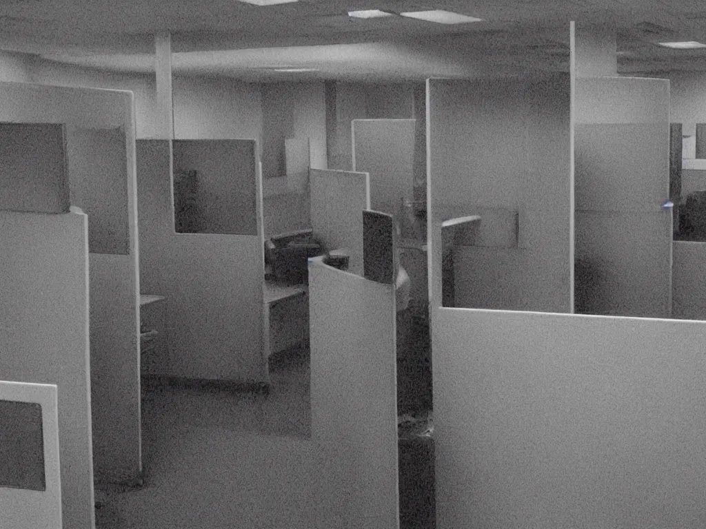 Prompt: madness in 90s cubicle office in the style of Silent Hill