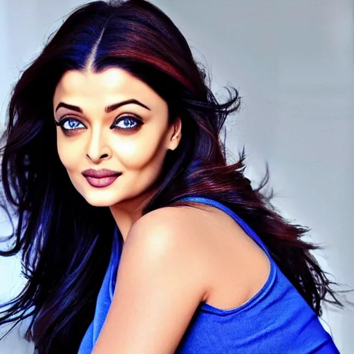 Image similar to aishwarya rai, blue tight tshirt, black extremely tight jeans, beautiful, award winning photography, extremely detailed, hyperrealistic, 4 k, real detailed face