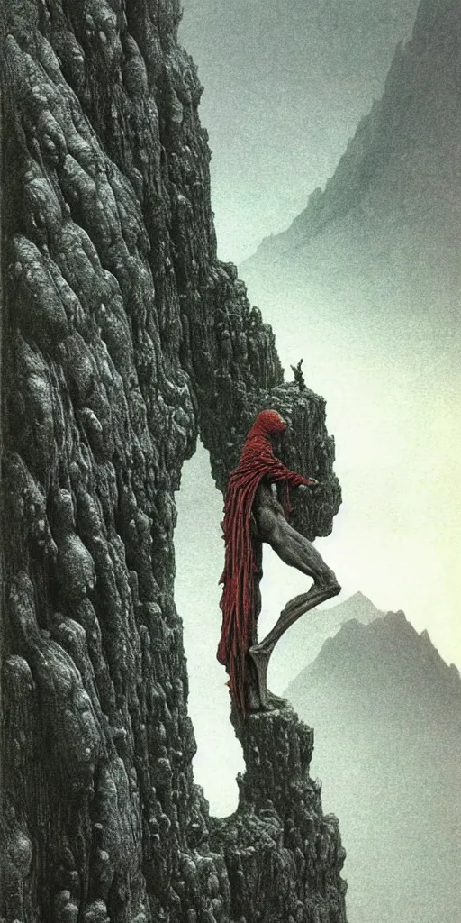 Image similar to A detailed lonley alien sock stands among the mountains. Wearing a ripped mantle, robe. Perfect face, extremely high details, realistic, fantasy art, solo, masterpiece, art by Zdzisław Beksiński, Arthur Rackham, Dariusz Zawadzki