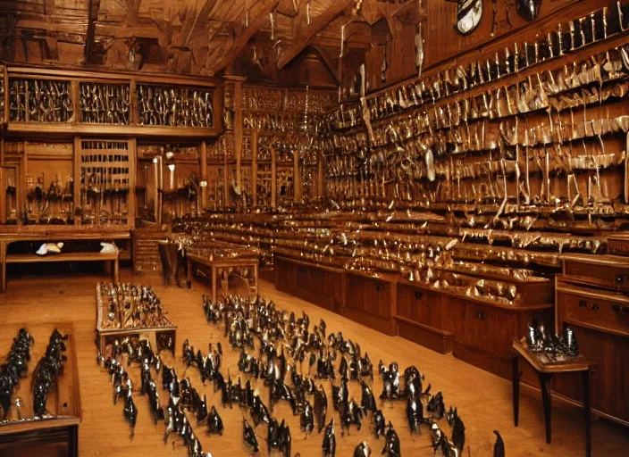 Prompt: realistic photo of the birds made of wood, polished and fancy, standing in the wooden room full of medieval computers. displays are shiny 1 9 9 0, life magazine reportage photo