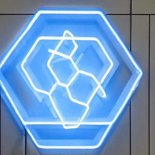 Image similar to a blue neon light hexagon with an door in the middle