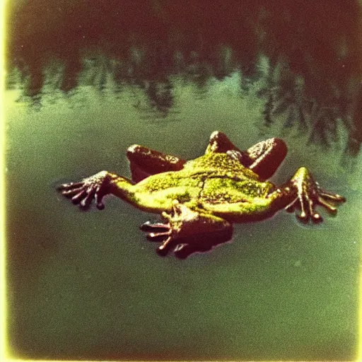 Prompt: semitranslucent smiling frog amphibian floating over misty lake in Jesus Christ pose, polaroid shot by Andrei Tarkovsky, paranormal, spiritual, mystical