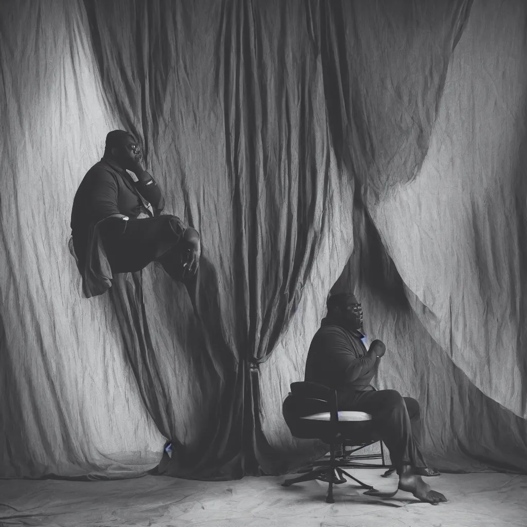 Image similar to Large black man sitting on chair, setting covered by large folding silky curtains, dark, 8K photo realistic, black and white color, dimly lit, top light, dark