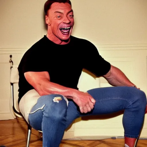 Image similar to hyperrealistic 1992 Jean Claude Vandamme doing the splits, laughing hysterically, doing the spilts with his legs going pointing two separate directions, between two chairs over a toilet, golden hour, smiling, award winning