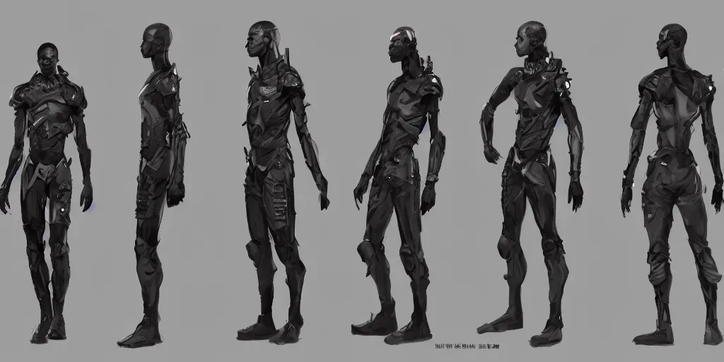 Image similar to african man, sci-fi, techwear, character concept, character reference sheet, front and side views, by Makoto Shinkai, Stanley Artgerm Lau, WLOP, Rossdraws, James Jean, Andrei Riabovitchev, Marc Simonetti, krenz cushart, Sakimichan, trending on ArtStation, digital art, character design, lou romano color scheme