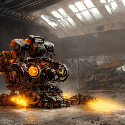 Prompt: wheelbarrow mecha, dark messy smoke - filled cluttered workshop, dark, dramatic lighting, orange tint, sparks, cinematic, highly detailed, sci - fi, futuristic, movie still