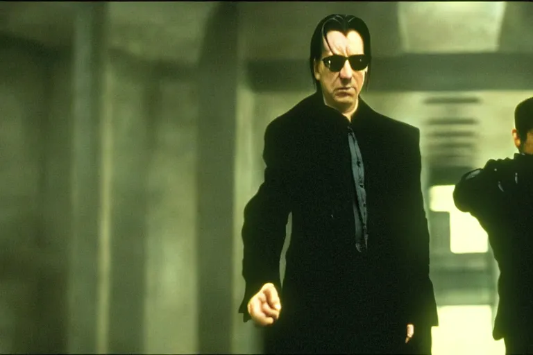 Image similar to film still of Alan Rickman as Neo in The Matrix 1999