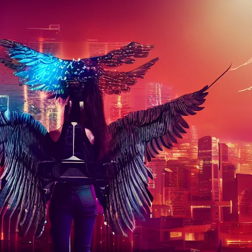 Image similar to eagle with ironed feather wings, cyberpunk, 4 k, bouquet cinema effect,