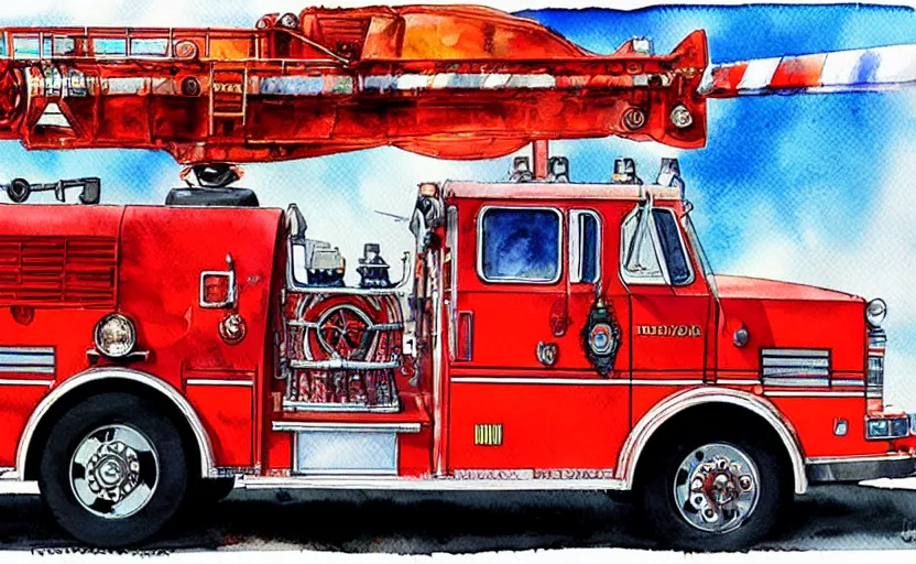 Prompt: fire truck, colorful watercolor. by rembrant, battle angel alita, ralph mcquarrie, aluminum, 1 6 6 7