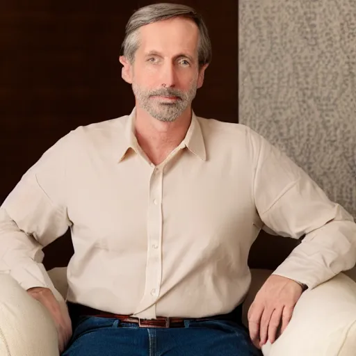 Prompt: full body photo of steve, mature male, mysterious face. he is a doctor. he is sitting gracefully on a sofa, elegant slim beige shirt, tight shirt, big, massive mature belly