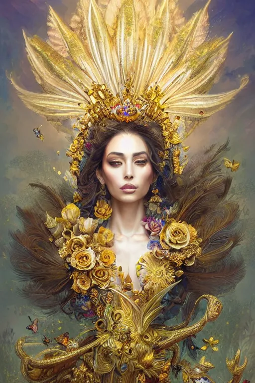 Prompt: ultradetailed portrait of an empress of beauty!, a grand golden throne, beautiful flowers and butterflies, crown made of peacock feathers by greg rutkowski and peter mohrbacher, volumetric lighting