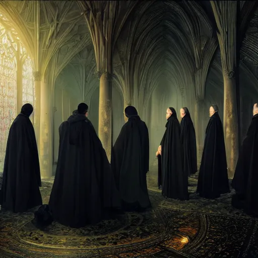 Prompt: a detailed matte painting of a group of 7 senior priests in black robes with their hood up and pitch black eyes, concept art, incense smoke drifting through the air, portrait, artstation, volumetric lighting, exquisite detail, octane render, 8 k postprocessing, art by john collier and albert aublet and artem demura and alphonse mucha