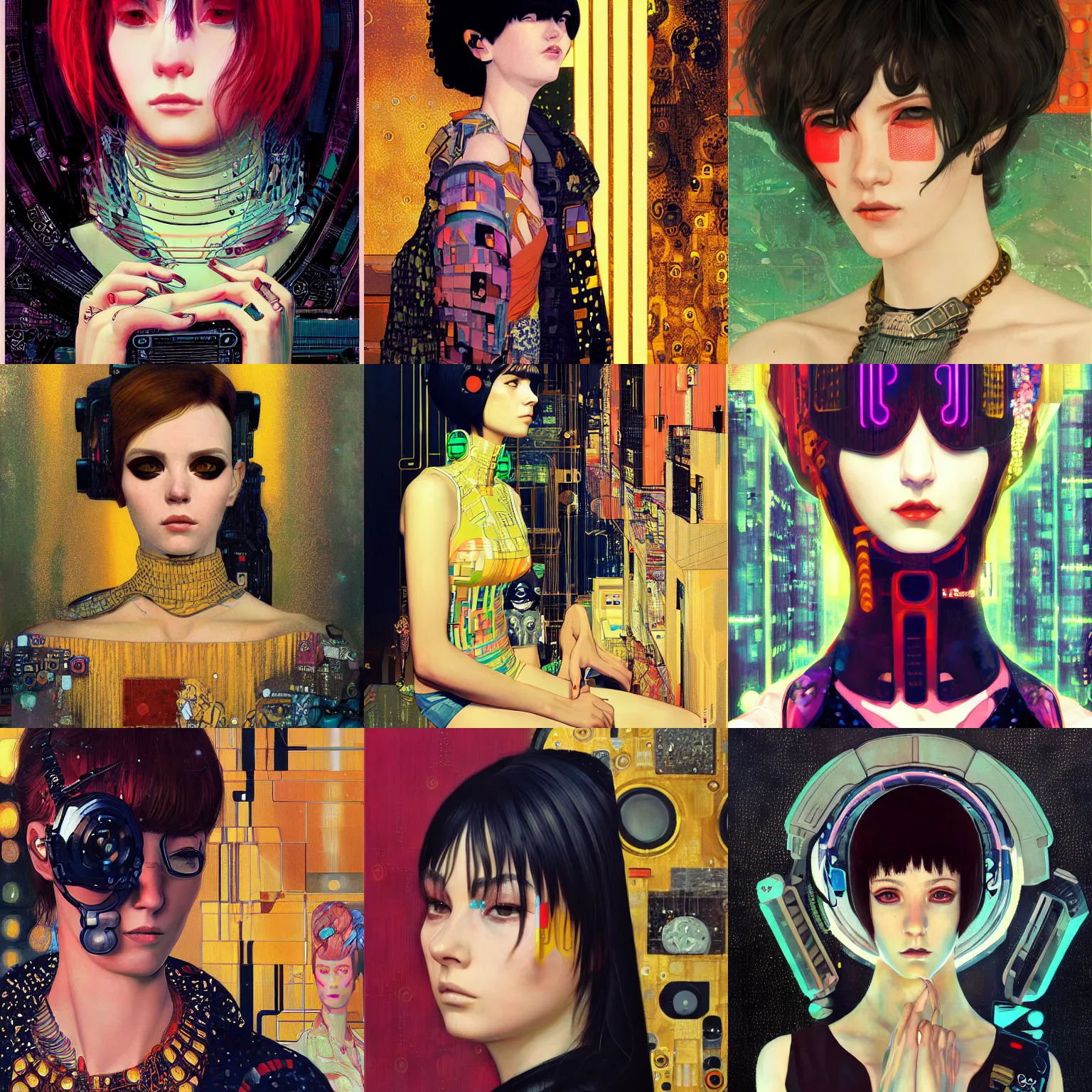 Image similar to A cyberpunk portrait painted by Ilya Kuvshinov and Gustav Klimt