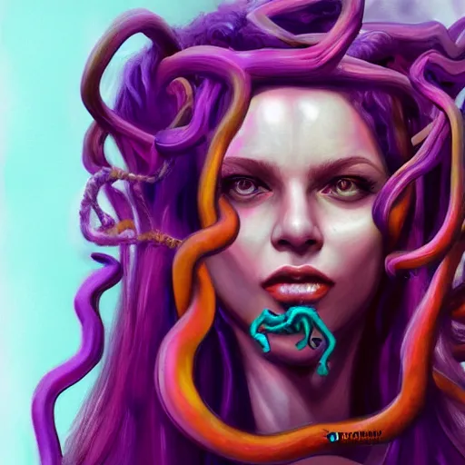 Image similar to medusa portrait painting, vibrtant, colorful, wicked smile, artstation, detailed, blurred background