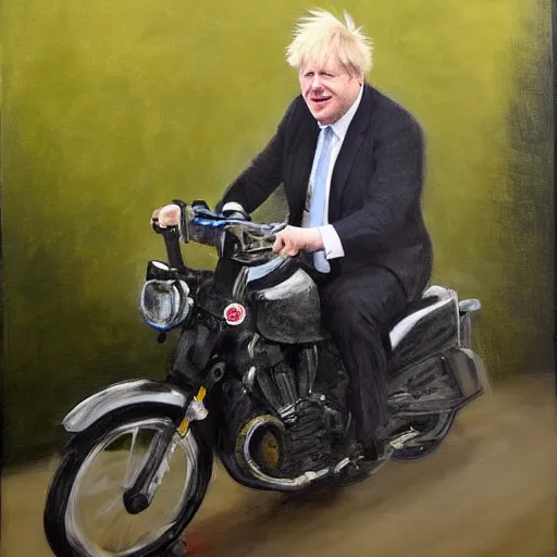 Prompt: boris johnson riding a veloceraptor, painting