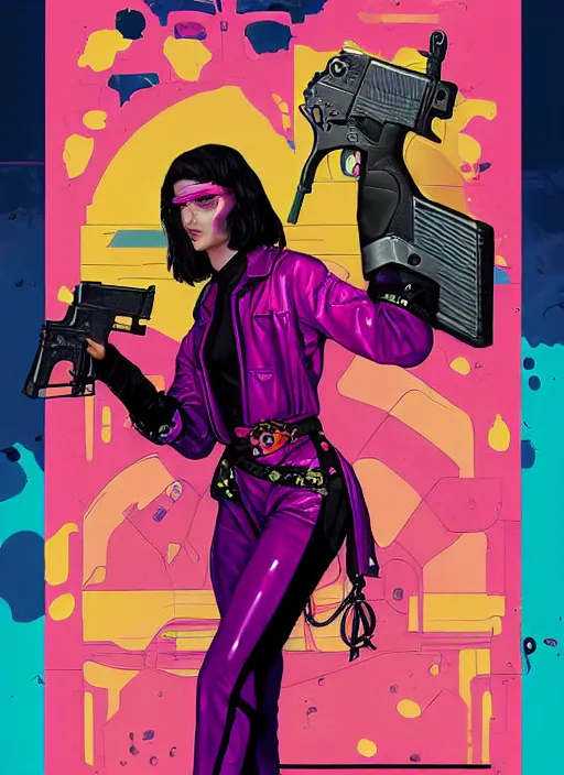 Image similar to cyberpunk saleswoman wearing pink jumpsuit and painting a yellow belt fed pistol. advertisement for pistol. cyberpunk ad poster by james gurney, azamat khairov, and alphonso mucha. artstationhq. painting with vivid color, cell shading. buy now! ( rb 6 s, cyberpunk 2 0 7 7 )