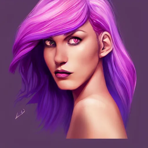 Image similar to a stunning upper body portrait of a beautiful woman with ombre purple and pink hair blowing in the wind by marvel comics, digital art, trending on artstation