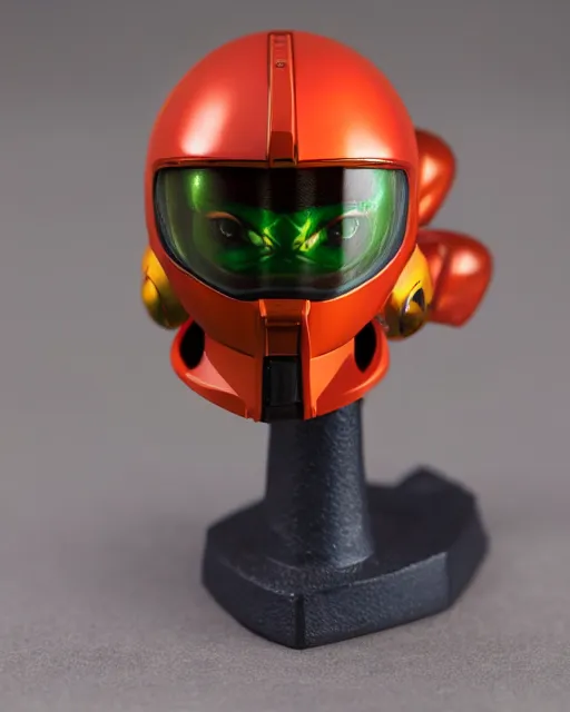 Image similar to helmet portrait of a figurine of samus aran's varia power suit from the sci - fi nintendo videogame metroid. designed by hiroji kiyotake. glossy. red round helmet, orange shoulder pads, green visor. shallow depth of field. suit of armor.