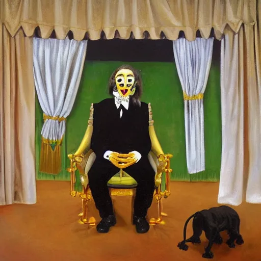 Image similar to oil painting of ventriloquist's dummy, sitting on chair with black leather seat, with gold comedy and tragedy masks on floor, black curtains in background, by neo rauch and paula rego