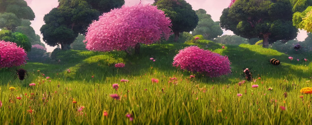 Image similar to a beautiful meadow landscape with large detailed bees flying between flowers, crimson - black beehive, happy trees, photorealistic, octane render, rtx, hdr, unreal engine, digital art widescreen 8 k in the style of studio ghibli and bob ross