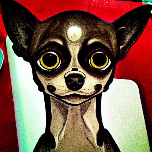 Prompt: a dark brown chihuahua, hyper detailed, in the style of junji ito!!!!!!, selfie shot straight on angle