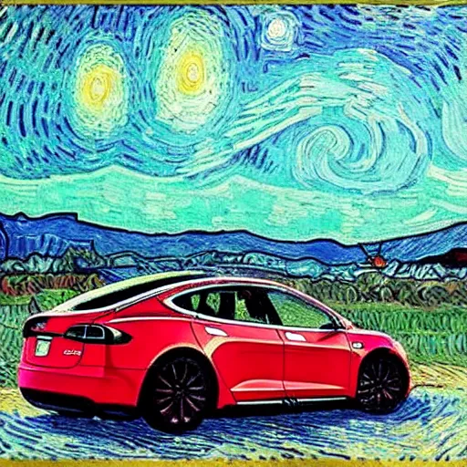 Prompt: a tesla painted by van gogh