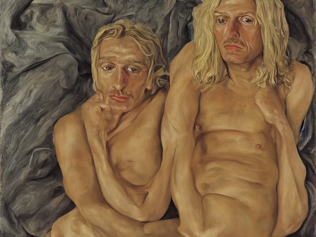 Prompt: portrait of a blonde Californian cult leader. Painting by Lucian Freud, August Sander.