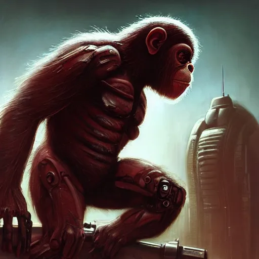 Image similar to a biomechanical cyborg ape from planet of the apes, with one red glowing eye sitting on top of a tank, hero character art, scars, by chris leib and greg rutkowski and android jones in a dark fantasy cyberpunk!! style, oil on canvas, h.r. giger, volumetric lighting, 8k, hd.