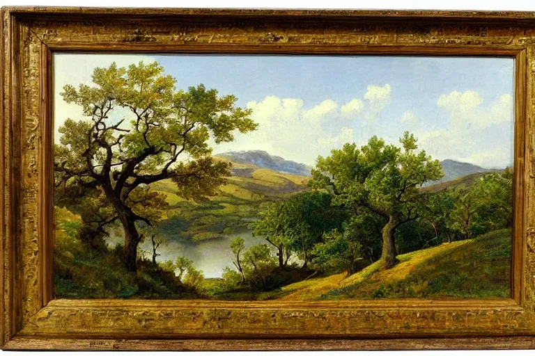 Prompt: masterpiece painting of oak trees on a hillside overlooking a creek, by gunnar mauritz widforss