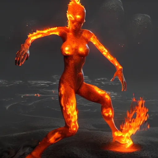 Prompt: a fire lava character skin model + female + she is flaming +she is wearing fire shoes +fullbodyshot ,wide angle low cinematic lighting atmospheric realistic octane render highly detailed in he style of craig mullins, full hd render 3d octane render unreal engine 5 Redshift Render Cinema4D C4D Rendered in Houdini Houdini-Render Blender Render Cycles Render OptiX-Render Povray Vray CryEngine LuxCoreRender MentalRay-Render Raylectron Infini-D-Render Zbrush DirectX Terragen Autodesk 3ds Max After Effects 4k UHD immense detail interdimensional lightning + studio quality enhanced quality
