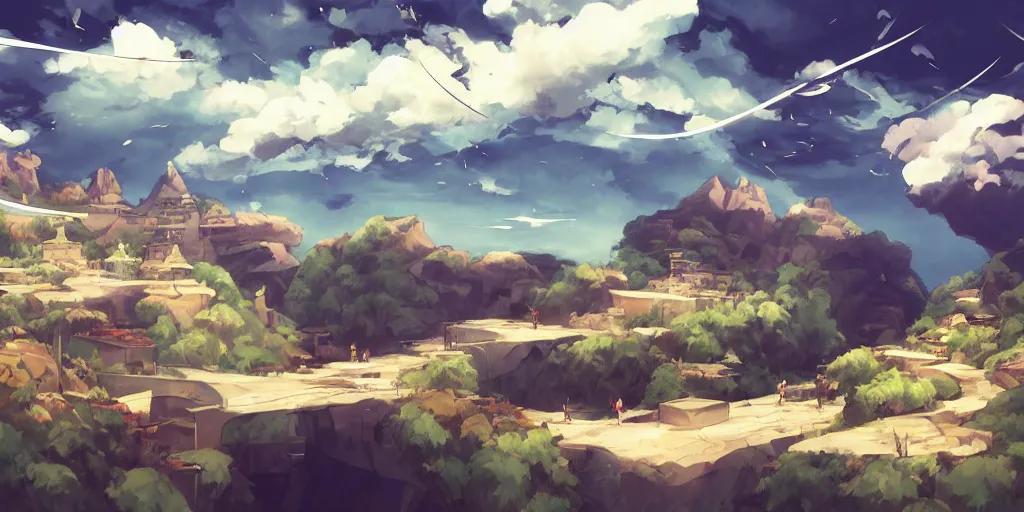 Image similar to background art of flying longswords flowing and floating through the slicing through directional wind on a simple cloudy sky background featuring a canyon bridge, big puffy clouds, large individual rose petals, angular background elements, polygonal fragments, anime, studio ghibli, artgerm, manga, trending on artstation, art nouveau, mature color scheme