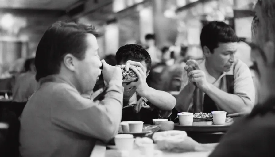 Image similar to blue customer eating red hamburger in yellow restaurant, film camera