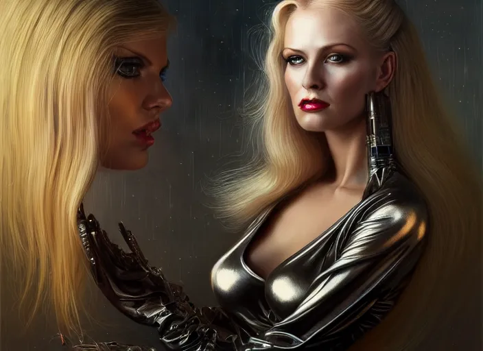 Prompt: portrait shot of blonde women in bladerunner wearing a shiny metal corset, intricate, elegant, highly detailed, centered, digital painting, artstation, concept art, smooth, sharp focus, illustration, artgerm, tomasz alen kopera, peter mohrbacher, donato giancola, joseph christian leyendecker, wlop, boris vallejo