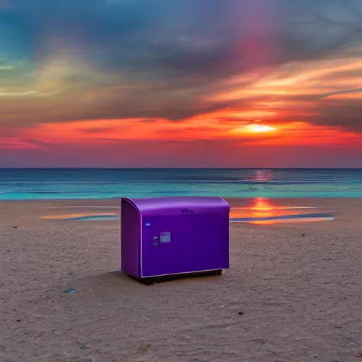 Image similar to purple refrigerator on red beach with nebula sunset