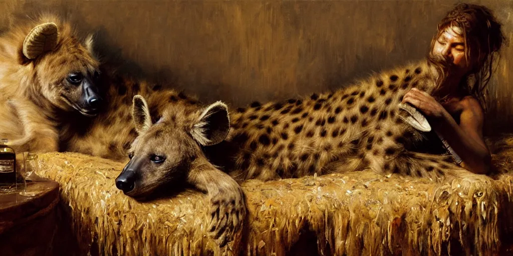 Image similar to an exhausted hyena girl in her studio with a bottle of whisky, fluffy, furry pelt, furry body. highly detailed painting by gaston bussiere, craig mullins, j. c. leyendecker 8 k