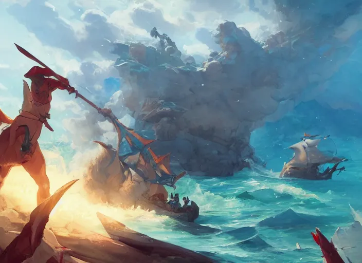 Prompt: cover concept art of medieval battles in the sea, prince of the seas, volumetric lighting, official fanart behance hd artstation by Jesper Ejsing, by RHADS, Makoto Shinkai and Lois van baarle, ilya kuvshinov, rossdraws