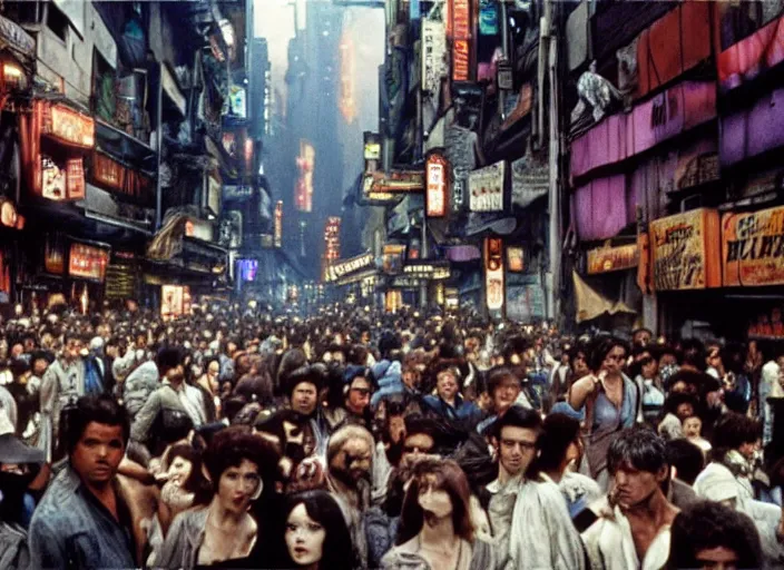 Prompt: crowded city street scene from the 1982 science fiction film Blade Runner