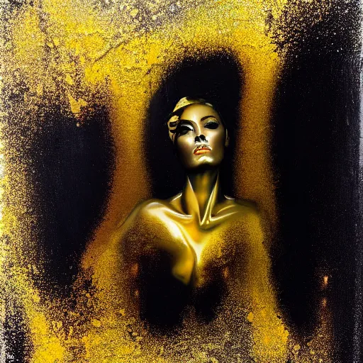 Image similar to liquid marble acrylic fluid paint, portrait, golden and black liquid materials, abstract art, beautiful female model standing, octadecahedrals, semi realism, surreal