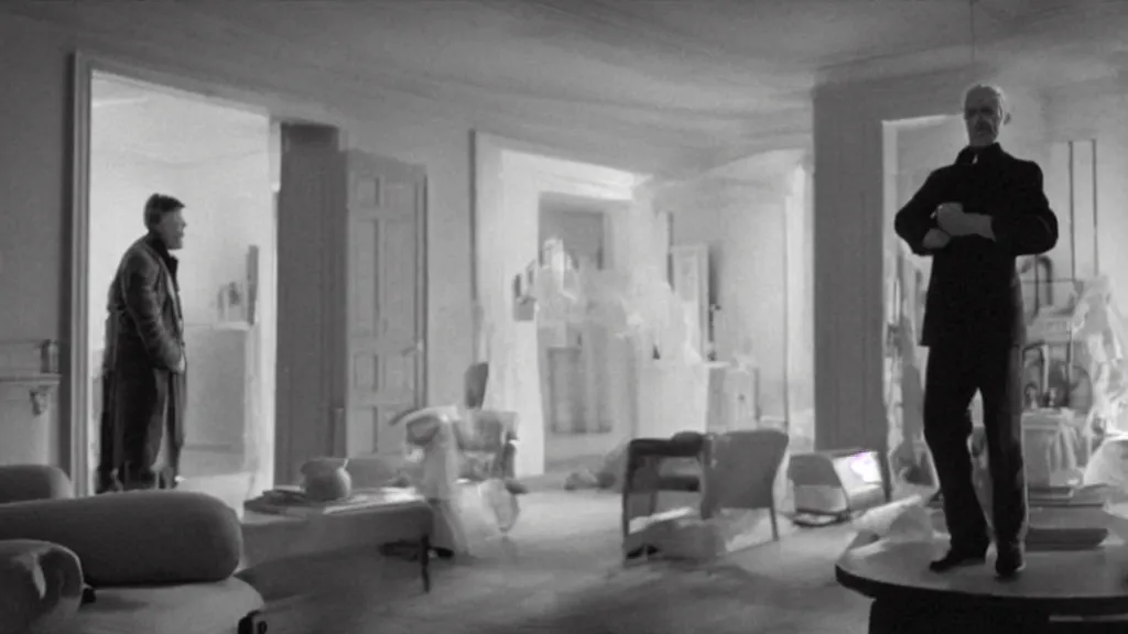 Image similar to an mri image of james cavell in the living room, film still from the movie directed by denis villeneuve with art direction by salvador dali, wide lens