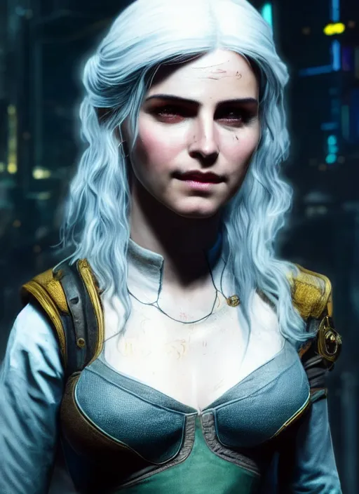 Image similar to portrait of Ciri from the Witcher wearing a sci-fi outfit as a character from Cyberpunk 2077, looking at camera, intricate, elegant, sci-fi, extremely detailed, digital painting, artstation, concept art, smooth, sharp focus, illustration, ambient lighting, incredible art by artgerm and greg rutkowski and alphonse mucha and simon stalenhag