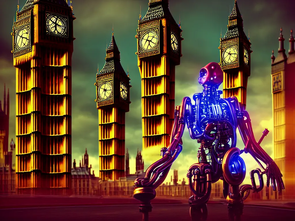 Prompt: a giant ancient beautiful cyborg of the elder gods with pipes and tubes in the city of London, an image of a beautiful cyborg, a beautiful cyborg, a cyborg, London streets with one bigben in the background, colourful, dramatic lighting, golden hour, very detailed octane render very realistic beautiful