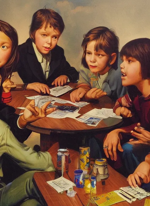 Prompt: a group of kids sitting around a table playing d & d with satan, an ultrafine detailed painting by john philip falter, shutterstock, american scene painting, movie still, concert poster, poster art