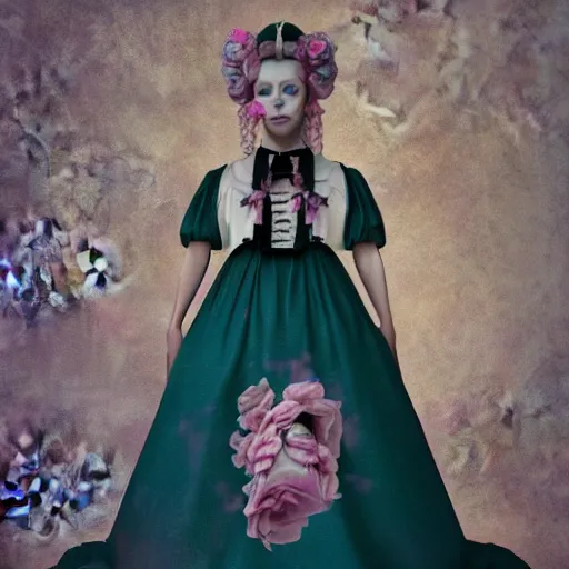 Image similar to 8 k, octane render, realism, tonalism, renaissance, rococo, baroque, cotton candy, portrait of a creepy young lady wearing long - harajuku manga flowers and skulls dress