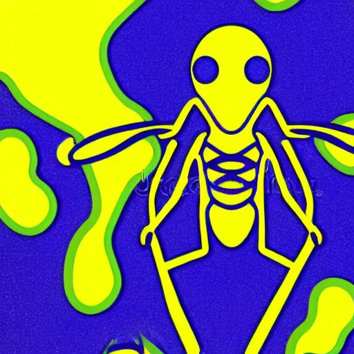 Image similar to human man that resembles a wasp morh in surreal sketch style, blue and yellow gradient, noise, ultrafine detail, hd 8k, logo illustration