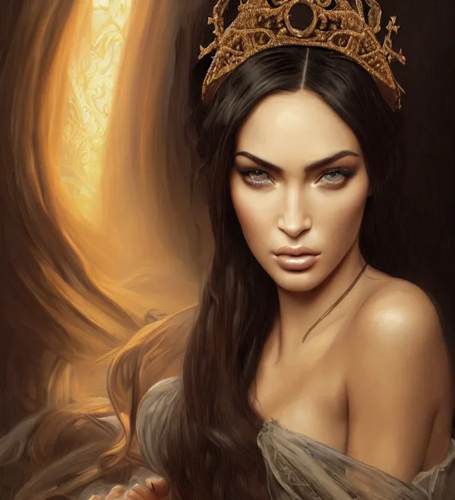 Image similar to portrait of of young beautiful female princess, mix of megan fox and kim kardashian, d & d, baroque dress, elegant, flat lighting, intricate, highly detailed, digital painting, artstation, concept art, smooth, sharp focus, illustration, closeup, misa amane, art by simon bisley and greg rutkowski and alphonse mucha, natural tpose