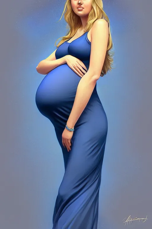 Image similar to pregnant kate upton in a blue dress, realistic portrait, symmetrical, highly detailed, digital painting, artstation, concept art, smooth, sharp focus, illustration, cinematic lighting, art by artgerm and greg rutkowski and alphonse mucha