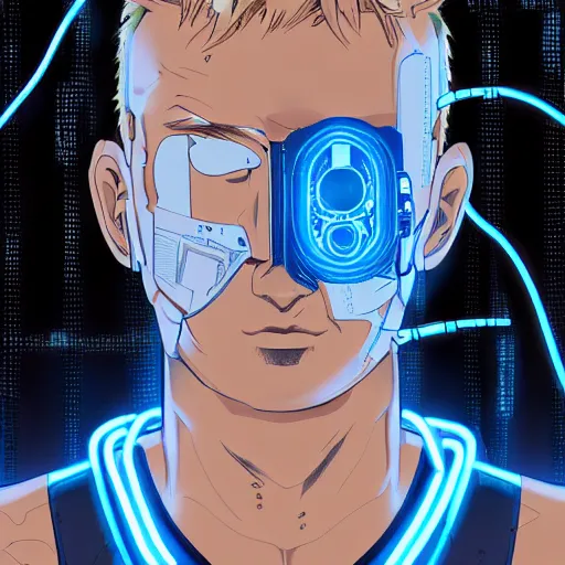 Prompt: Male cyborg, battle-damaged, wearing facemask, youthful face, blue eyes, backlit by neon, headshot, sci-fi, wires, cables, lenses, gadgets, Digital art, detailed, anime, artist Katsuhiro Otomo