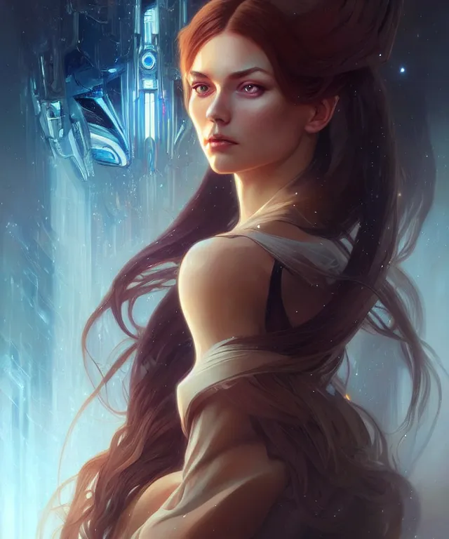 Image similar to futuristic young woman portrait, sci-fi, amber eyes, face, long hair, fantasy, intricate, elegant, highly detailed, digital painting, artstation, concept art, smooth, sharp focus, illustration, art by artgerm and greg rutkowski and alphonse mucha