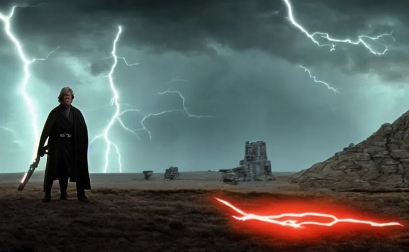 Prompt: screenshot portrait of Luke Skywalker fighting Emporer Palpatine force ghost, in a windy lightning battlefield with scattered ruins of a fiery jedi rock temple, iconic scene from 1970s film by Stanley Kubrick, last jedi, 4k UHD, cinematic lighting, beautiful portrait of Mark Hammill, moody scene, stunning cinematography, mcu effects, anamorphic lenses, kodak color film stock