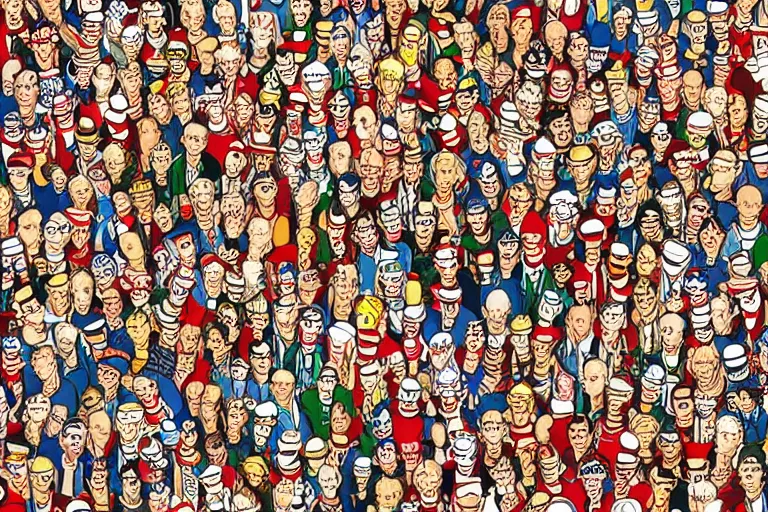 Image similar to an elaborate penned illustration of a convention of waldo's, where's wally, where's waldo, by martin hand ford, by jan van haasteren, wes anderson and geoff darrow!!!!!